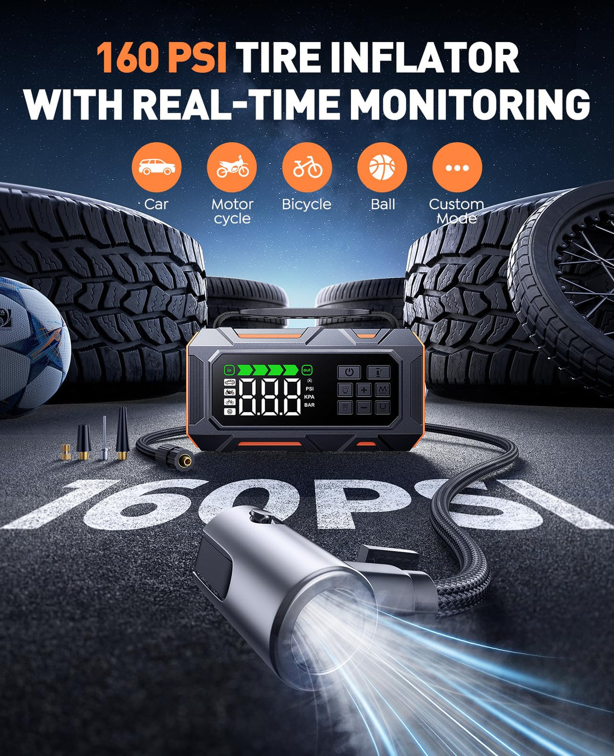 TREKURE air compressor display and gauge showing preset auto-shutoff benefit