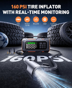 TREKURE air compressor display and gauge showing preset auto-shutoff benefit
