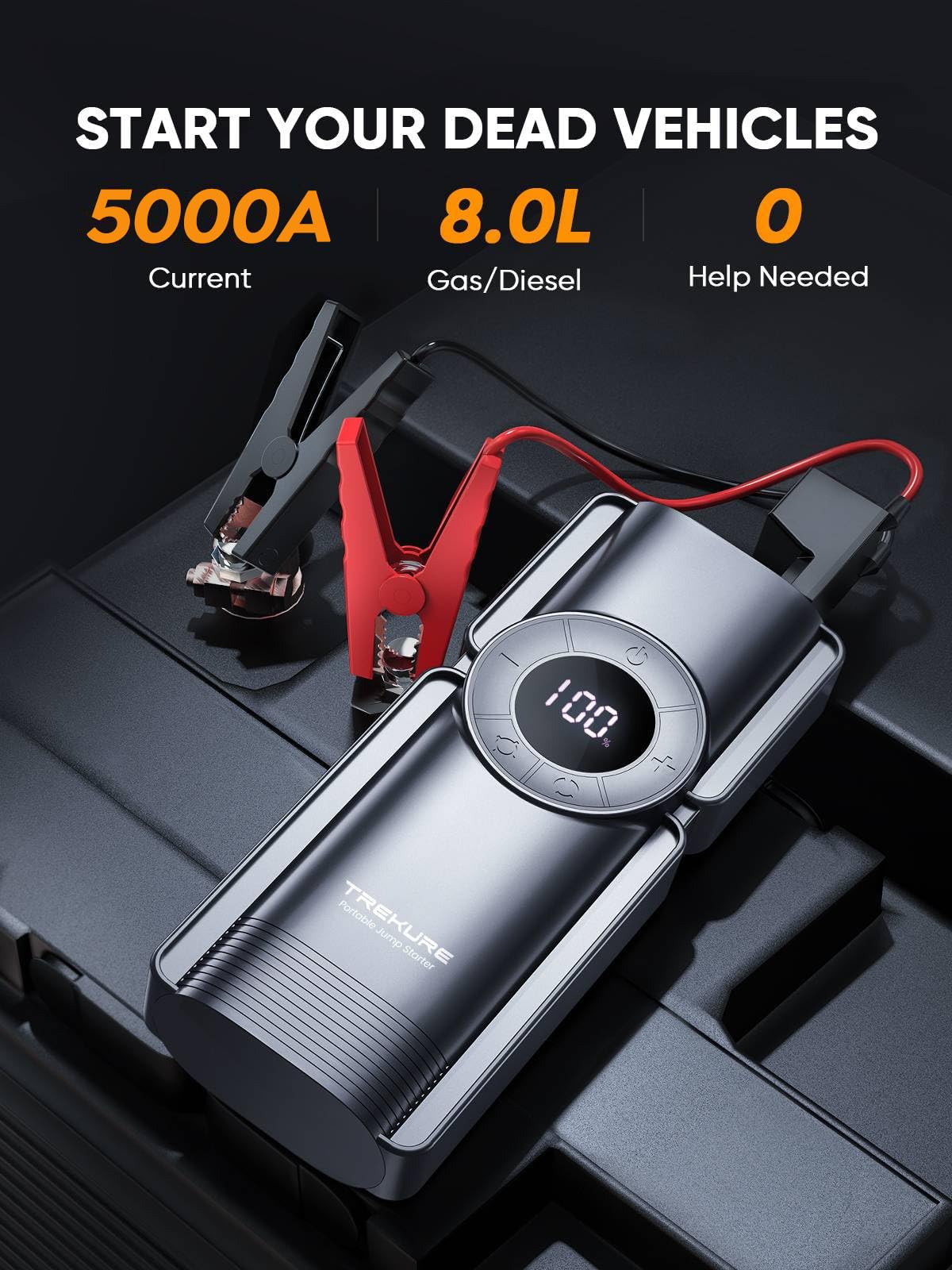 TREKURE heavy-duty jumper cables and clamps with safety alarms, secure connection