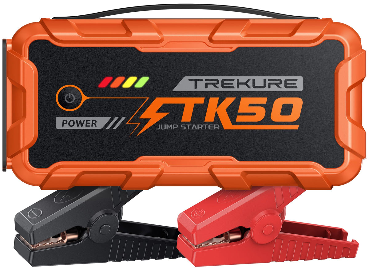 TREKURE front packaging showing orange jump starter and compact benefits