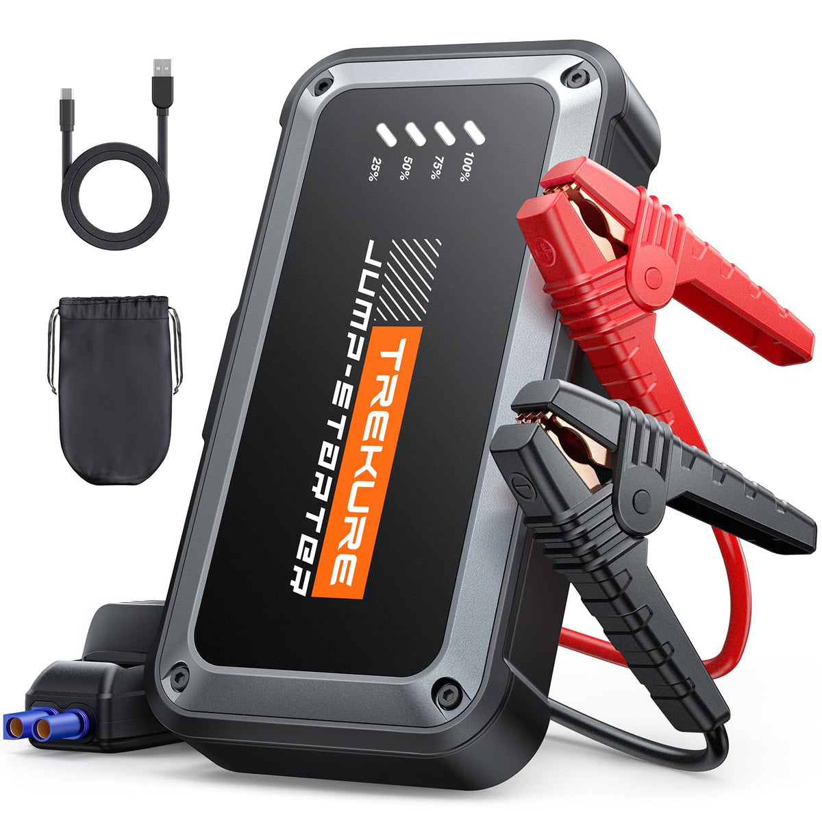 TREKURE front view of jump starter showing compact design and portability benefit
