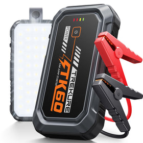 TREKURE front view showing compact jump starter and controls, fast roadside recovery