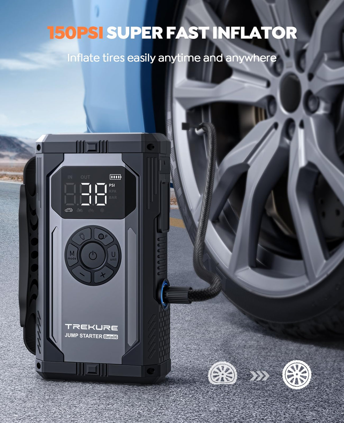 TREKURE jumper cables connected to a car battery for quick reliable starts