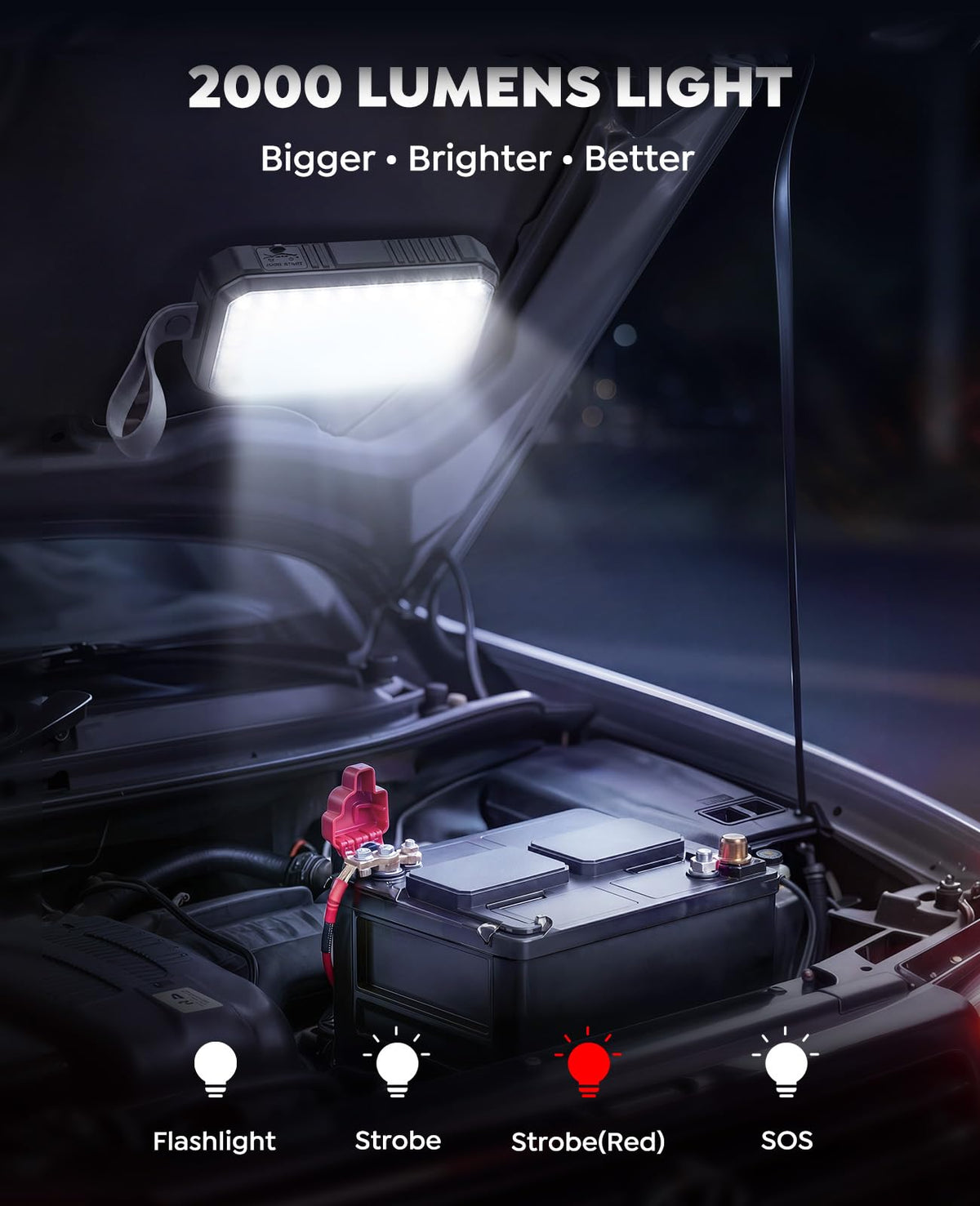 TREKURE magnetic LED panel attached under hood, hands-free illumination benefit