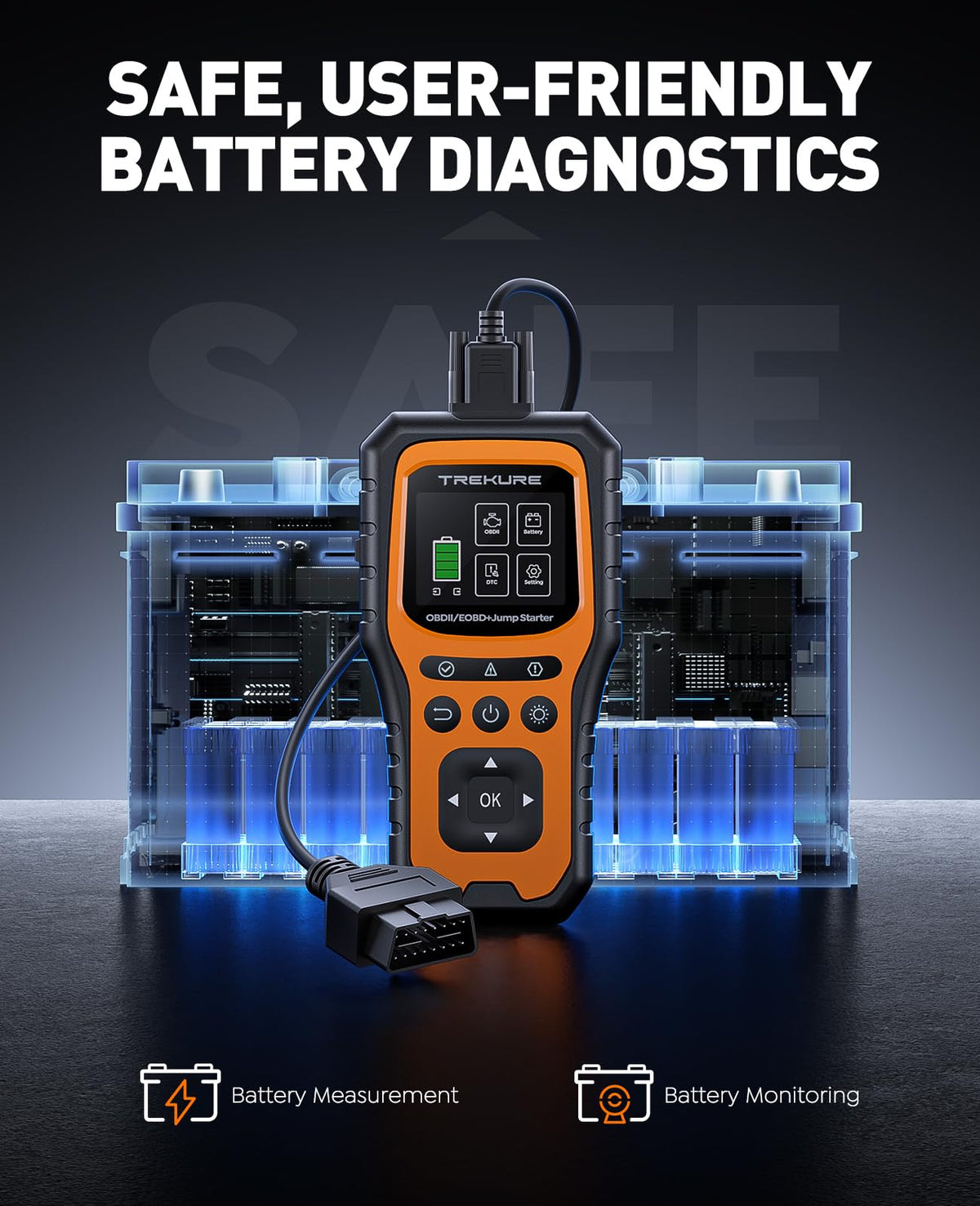 TREKURE unit connected to vehicle OBD2 port diagnosing codes for faster troubleshooting