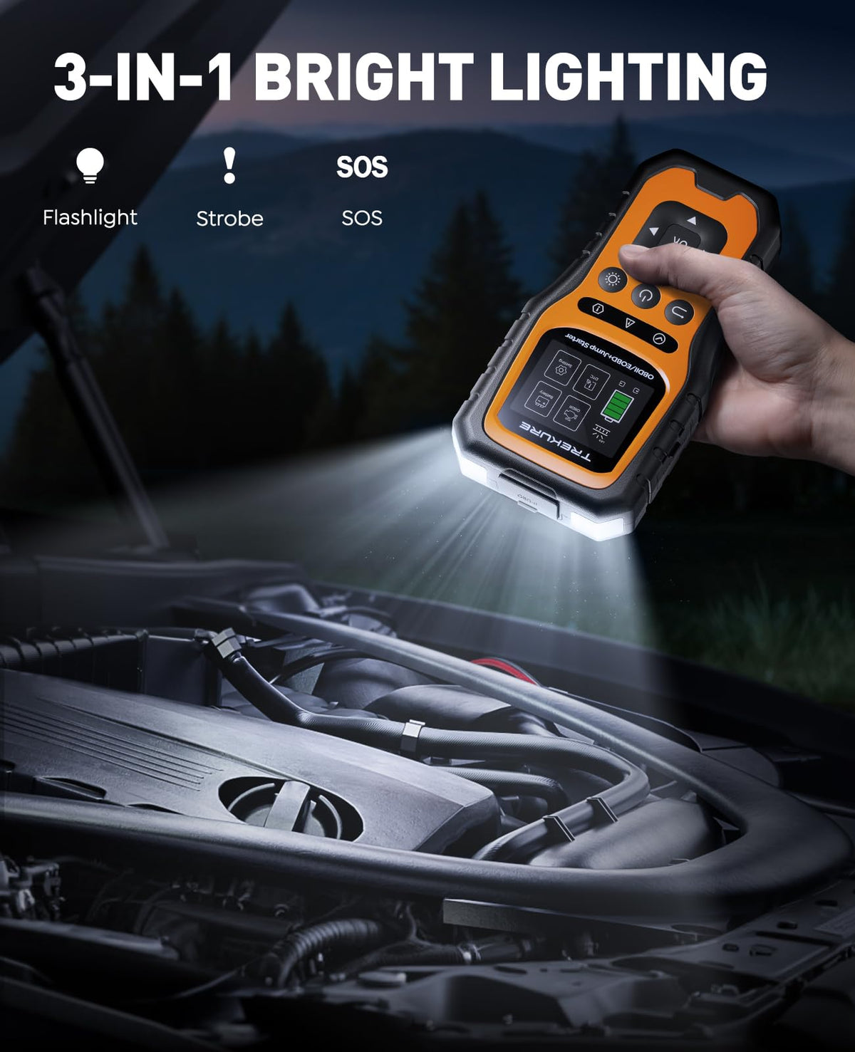 TREKURE shown in hand for scale illustrating portable jump starter convenience