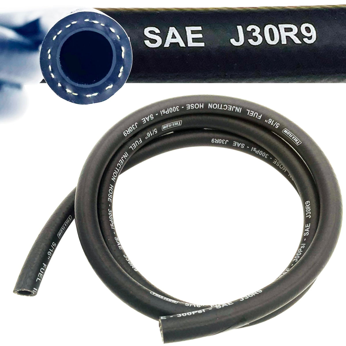 TREXFLOW TF front view of 5ft SAE30R9 fuel hose showing length and push-lock fit benefit