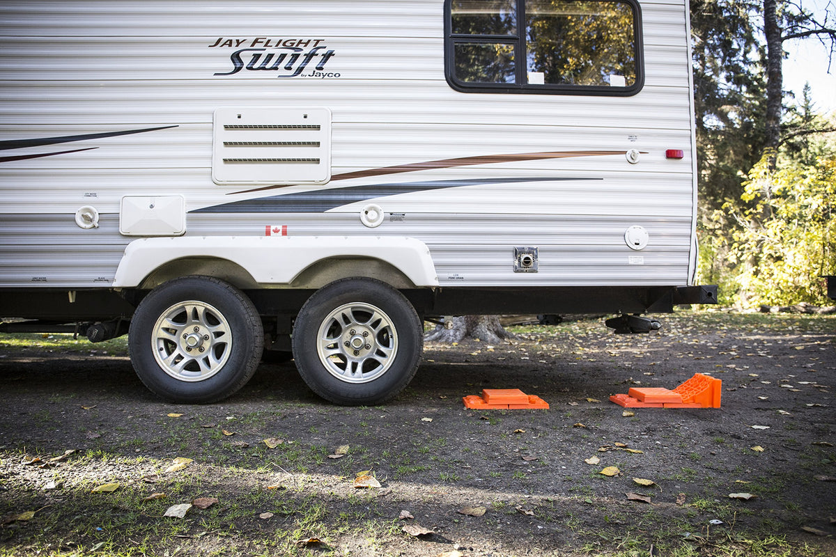Tri-Lynx chocks positioned behind a tyre to show effective parking security and peace of mind