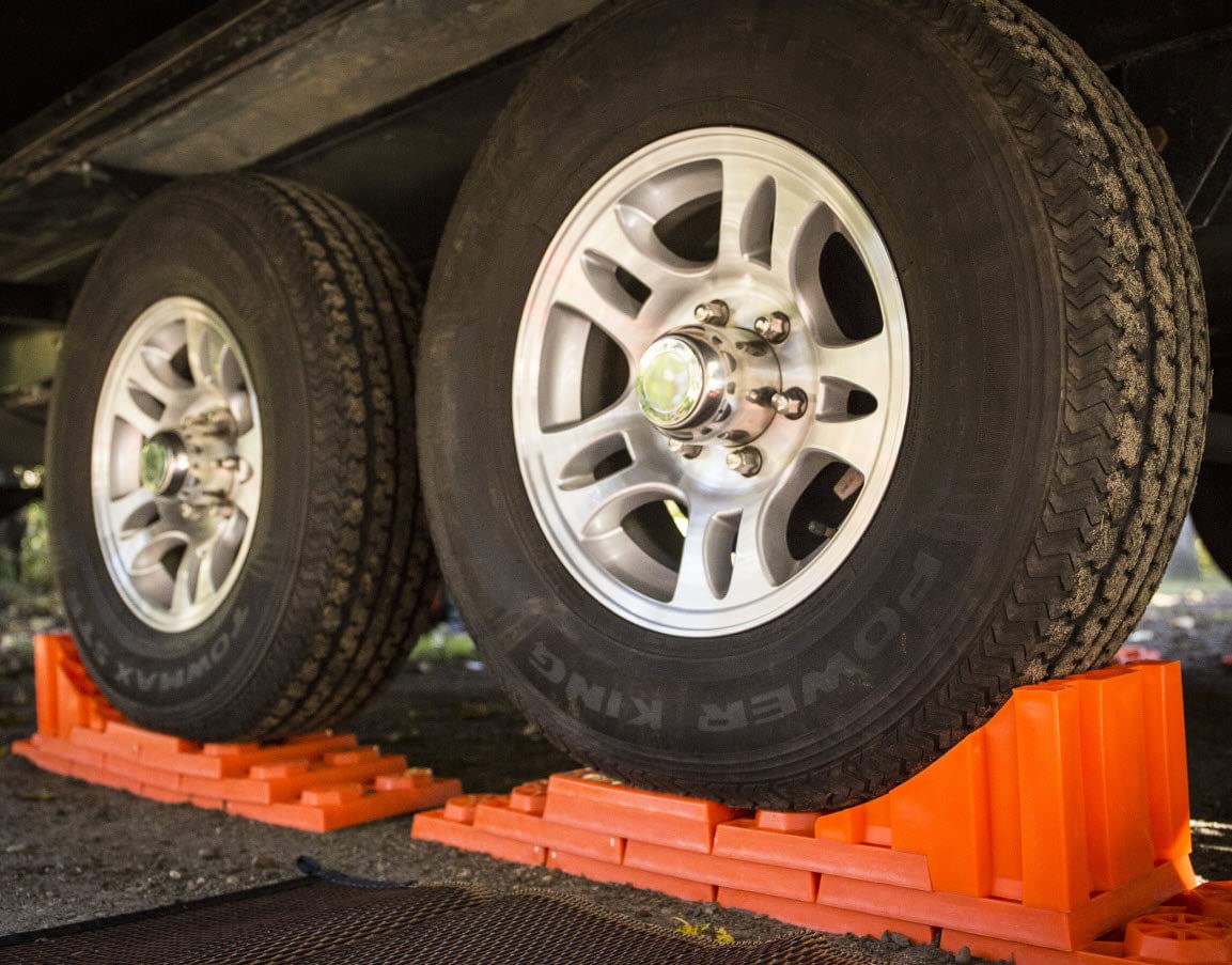 Tri-Lynx chock positioned against RV tire demonstrating secure parking benefit