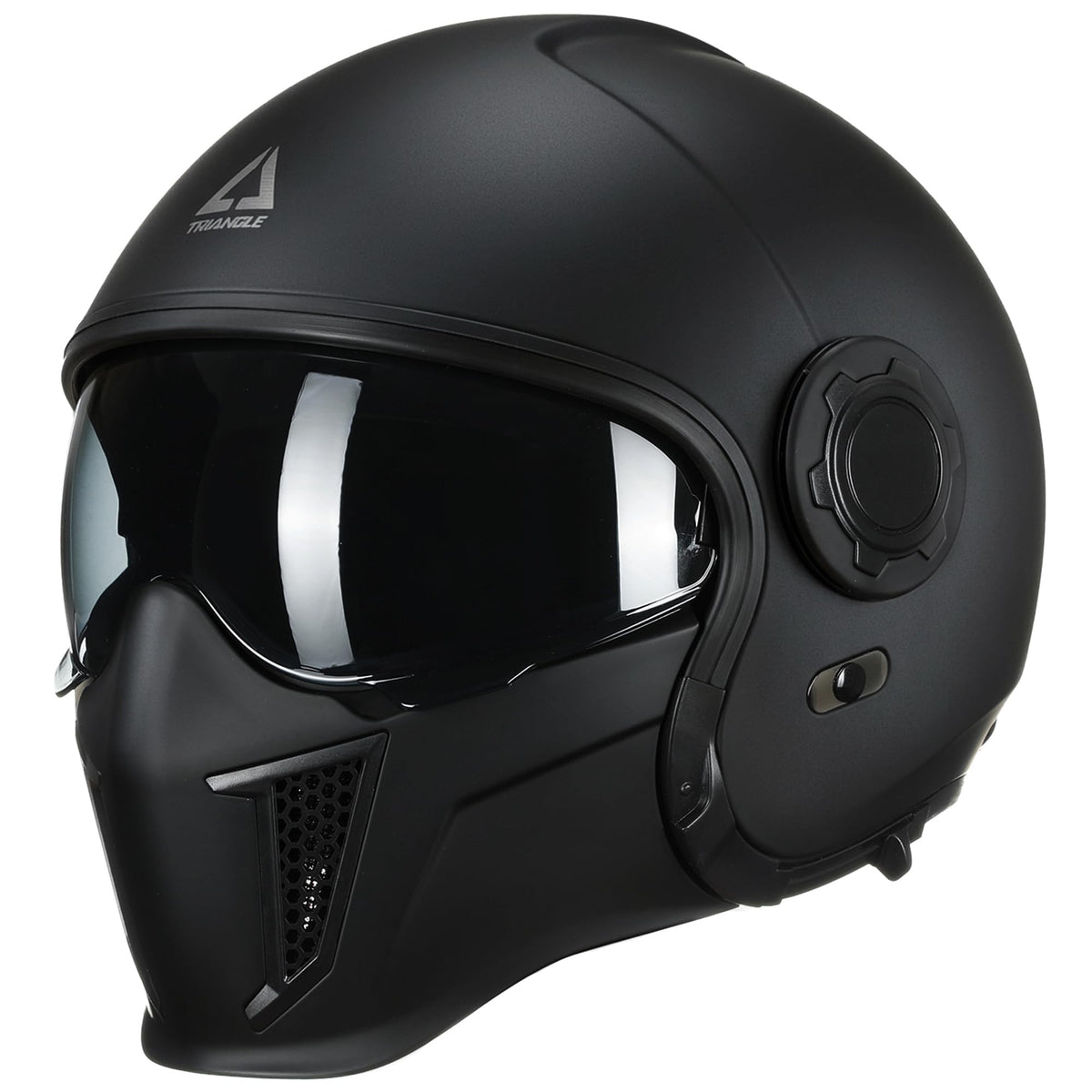 TRIANGLE helmet front view showing sleek shell and clear shield, enhancing rider safety