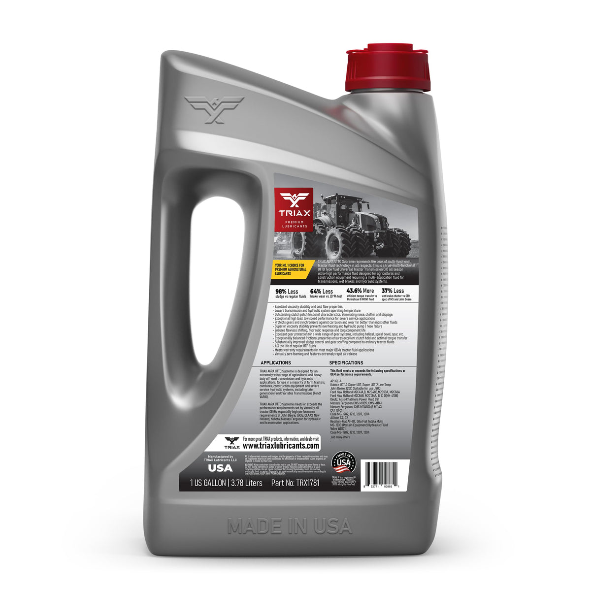 Triax Agra UTTO back label with specifications and compatibility