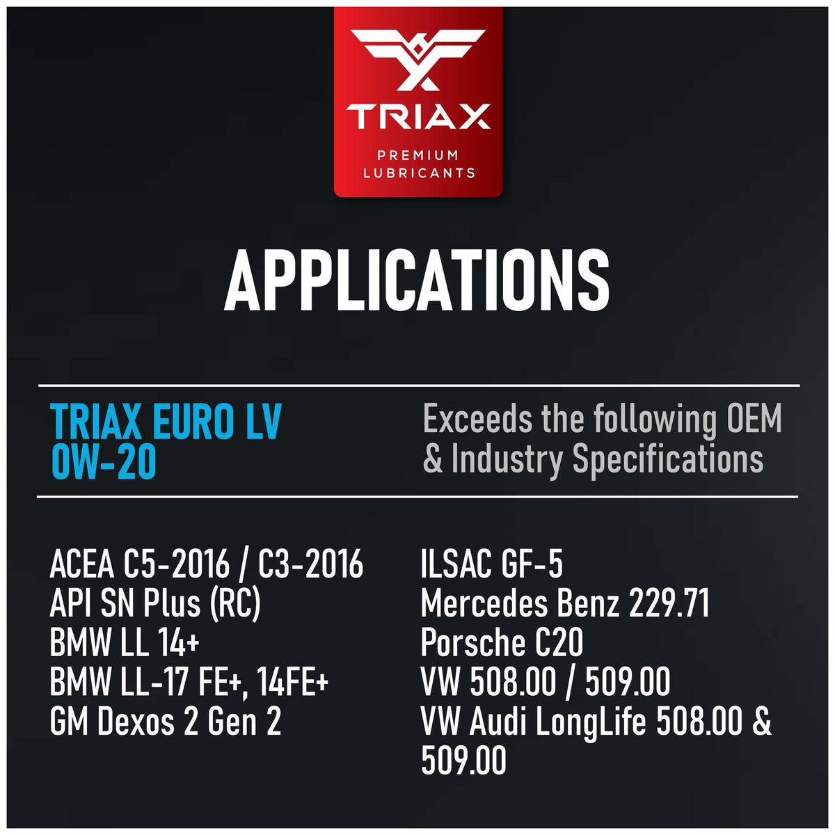 Triax back label with specification and application details for technician clarity
