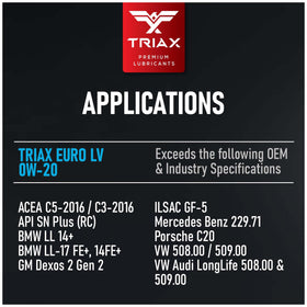 Triax back label with specification and application details for technician clarity