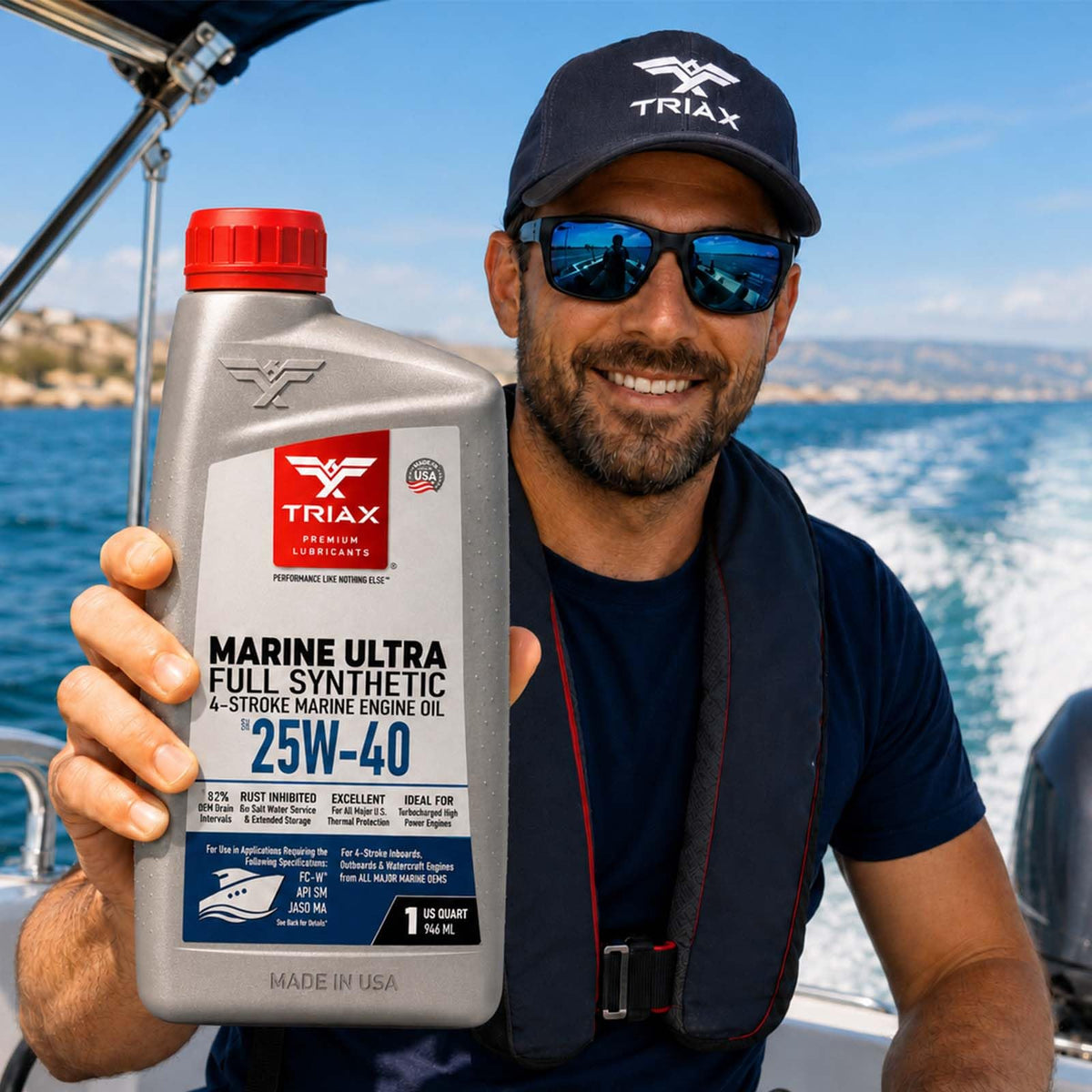 Triax bottle next to marine engine demonstrating fit and protection