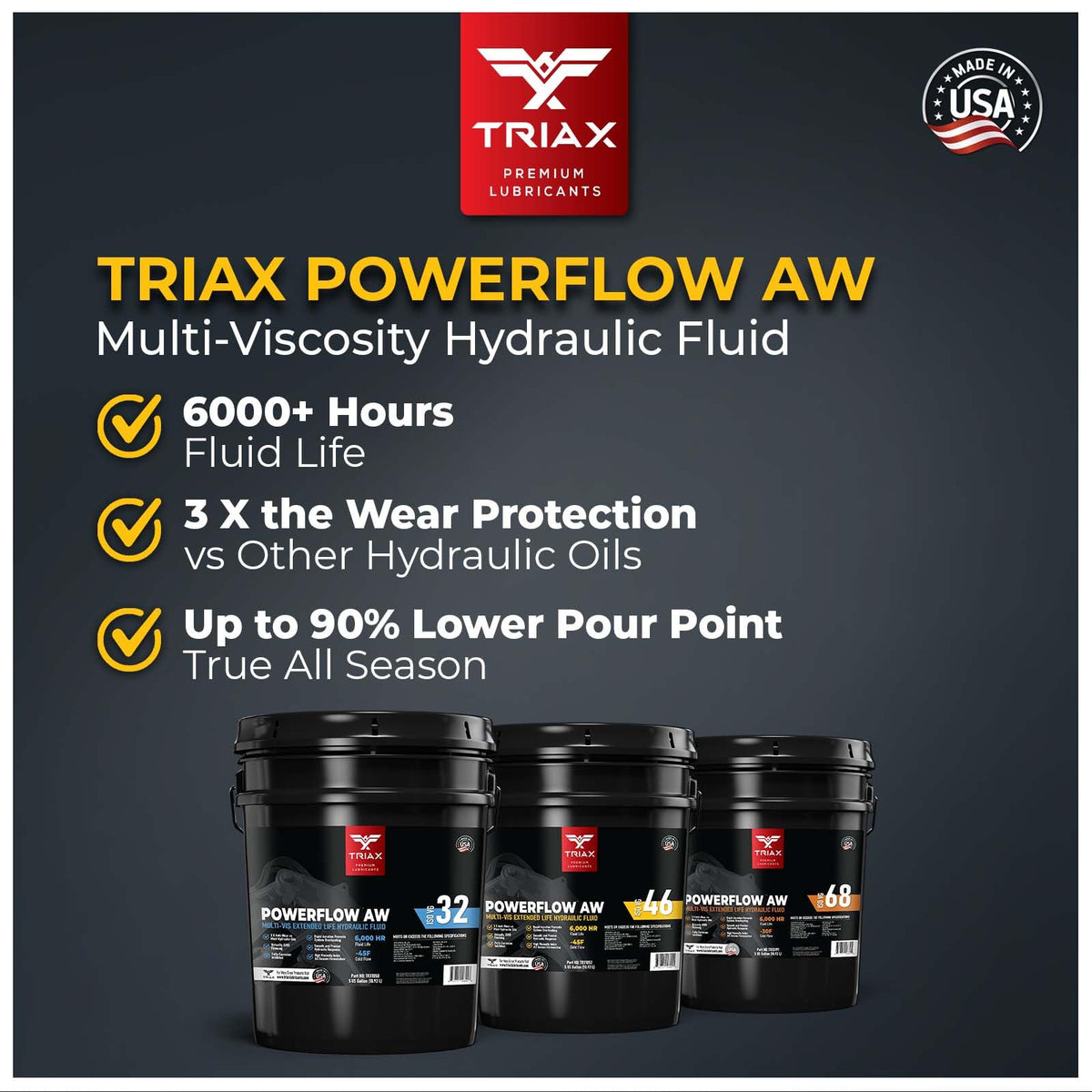 Triax Powerflow AW 32 label details showing additive information and anti-wear booster benefits