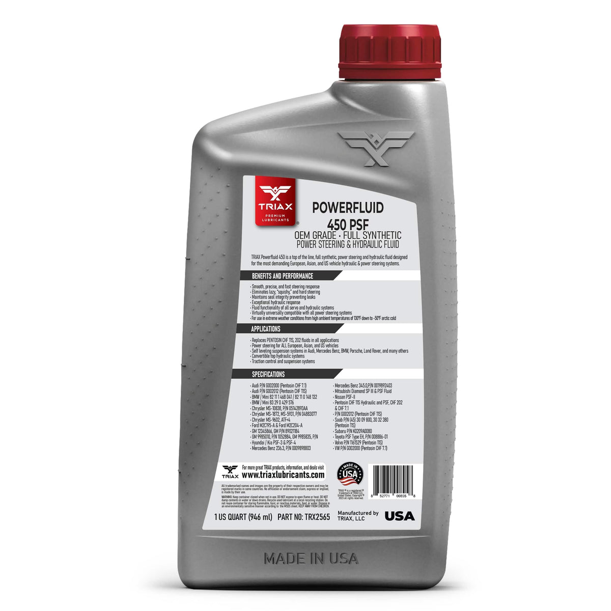Triax bottle side details highlighting specs and OEM cross references for confidence