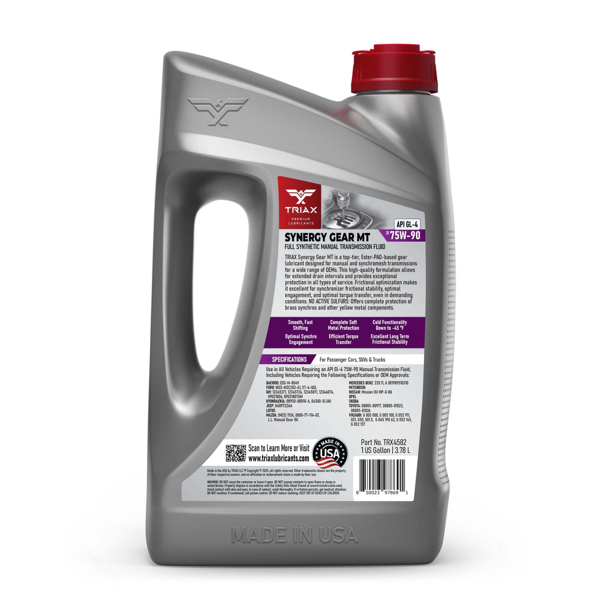 Triax label close-up highlighting GL-4 75W-90 formula and synchro-safe benefit