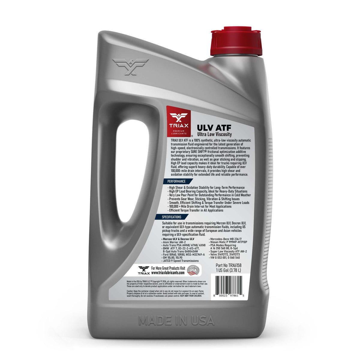 Triax ULV ATF label close-up highlighting specifications and compatibility benefits