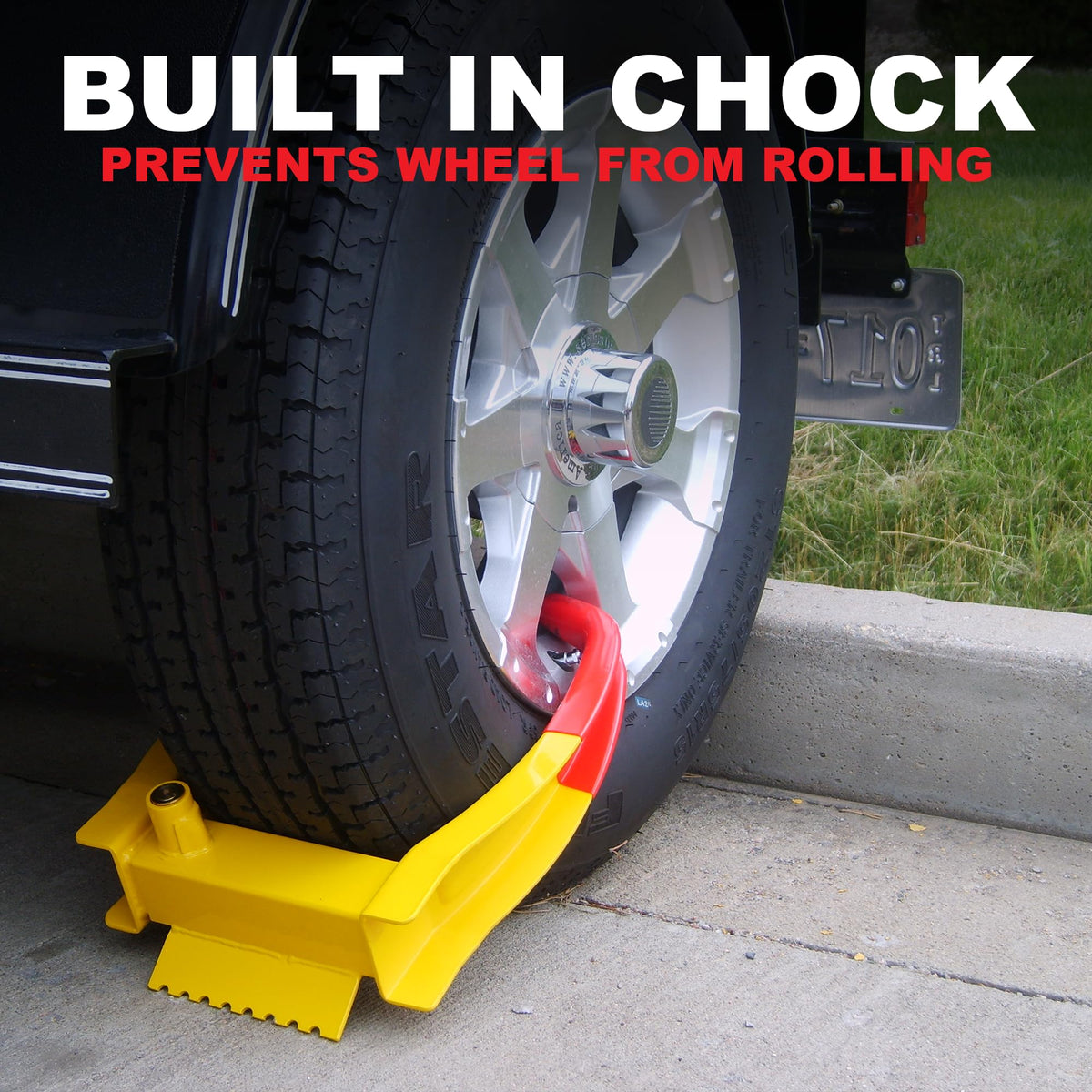 Trimax TCL75 built-in chock under tire preventing wheel from rolling
