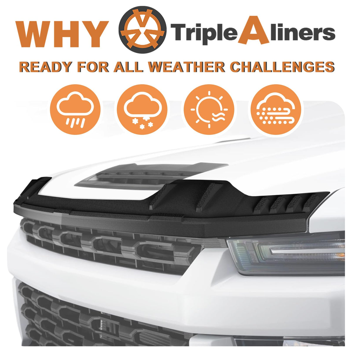 TripleAliners size scale on truck comparing deflector coverage to hood dimensions