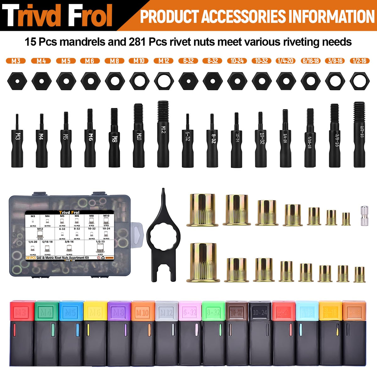 Trivd Frol mandrels and 281 rivnuts laid out to show included sizes and quantity