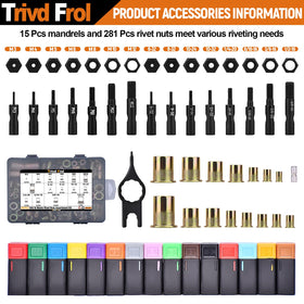 Trivd Frol mandrels and 281 rivnuts laid out to show included sizes and quantity