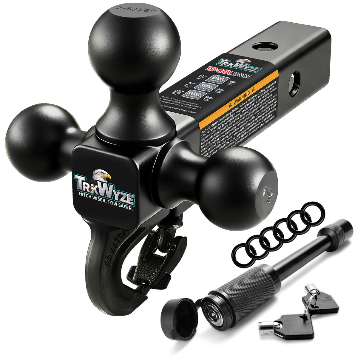 TrkWyze front view tri-ball hitch showing three ball sizes and clean profile for versatile towing
