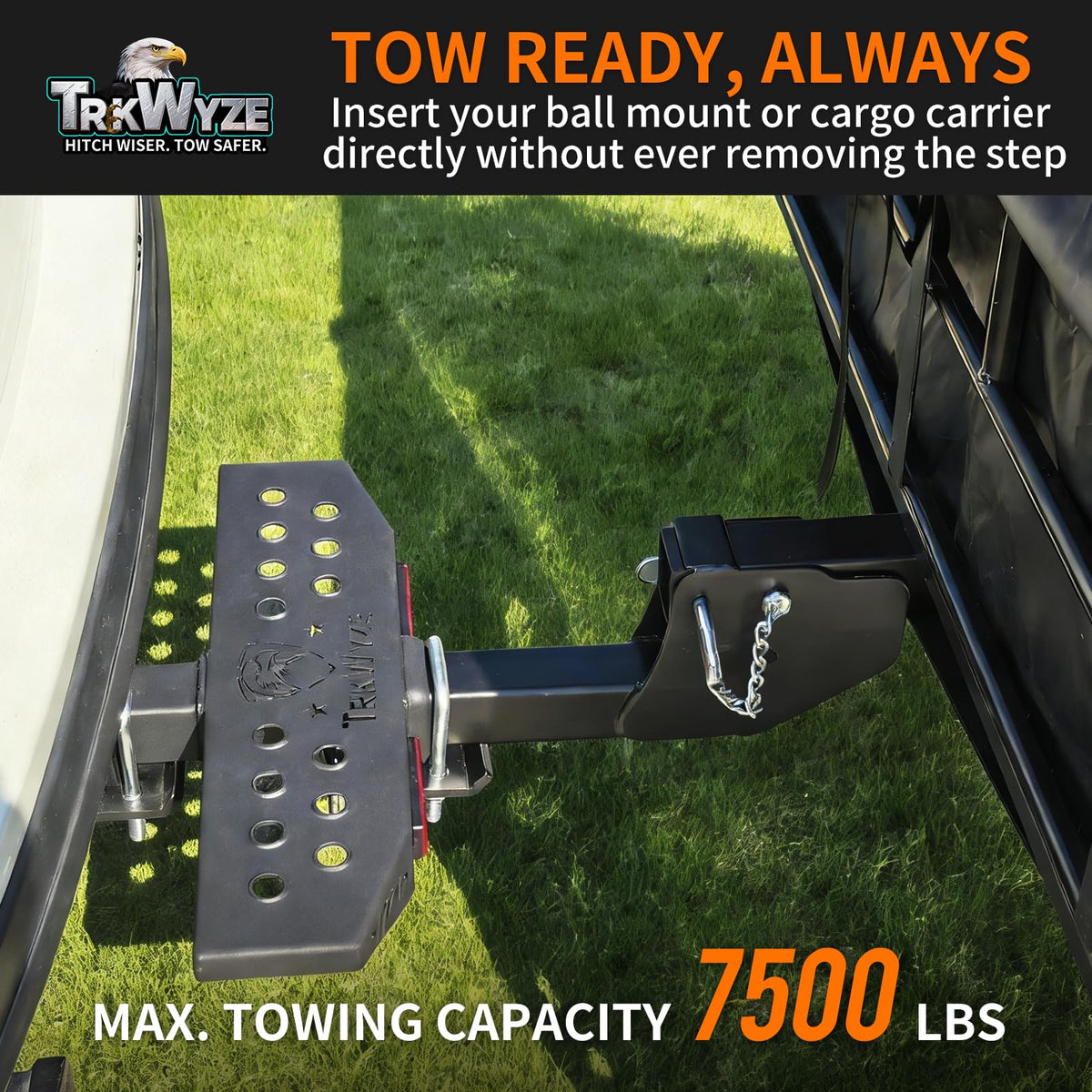 TrkWyze installation image with hitch pin demonstrating easy setup and secure fit benefit