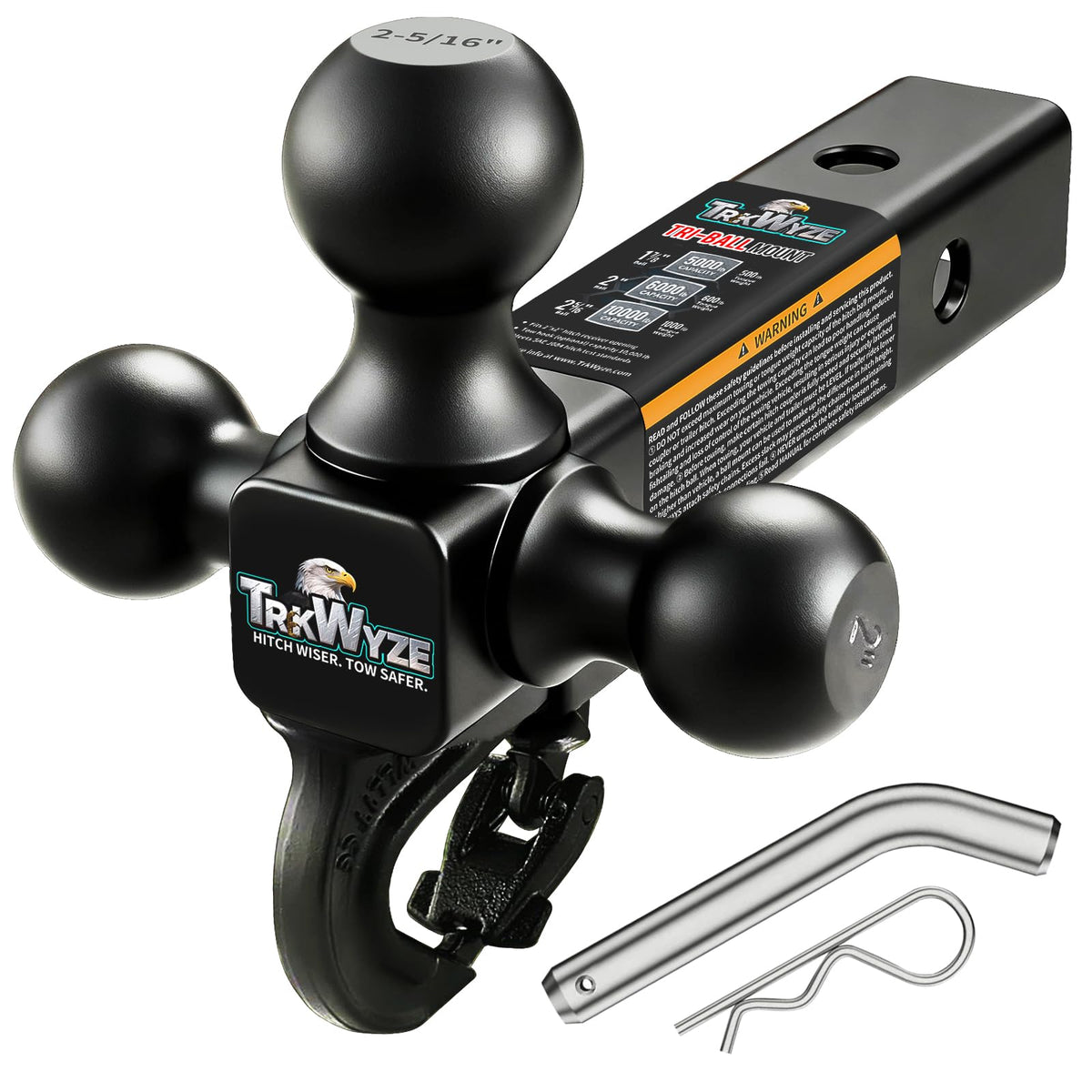 TrkWyze tri-ball hitch front view showing compact multi-ball design and strength