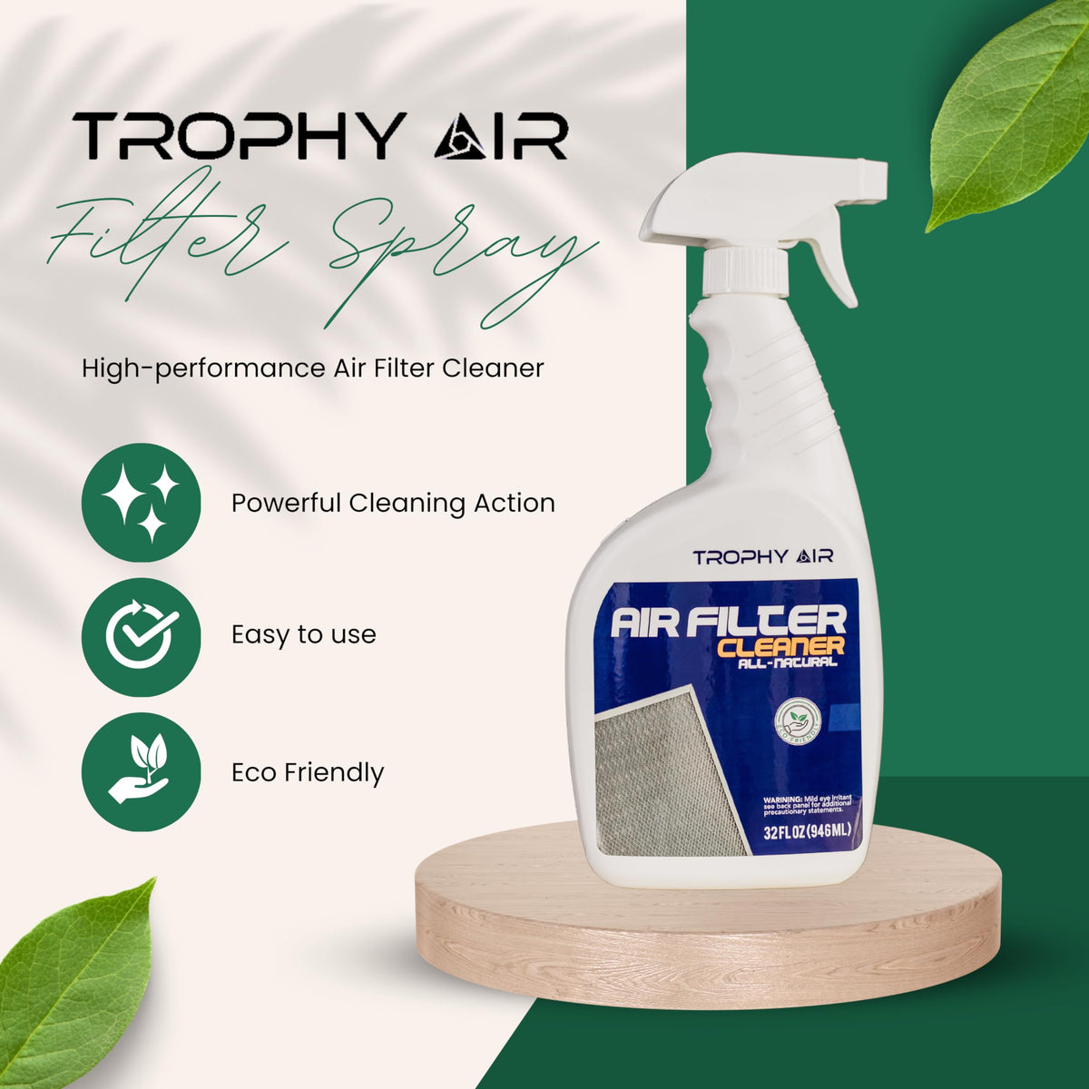 Trophy Air bottle being sprayed onto a filter for quick, effective cleaning