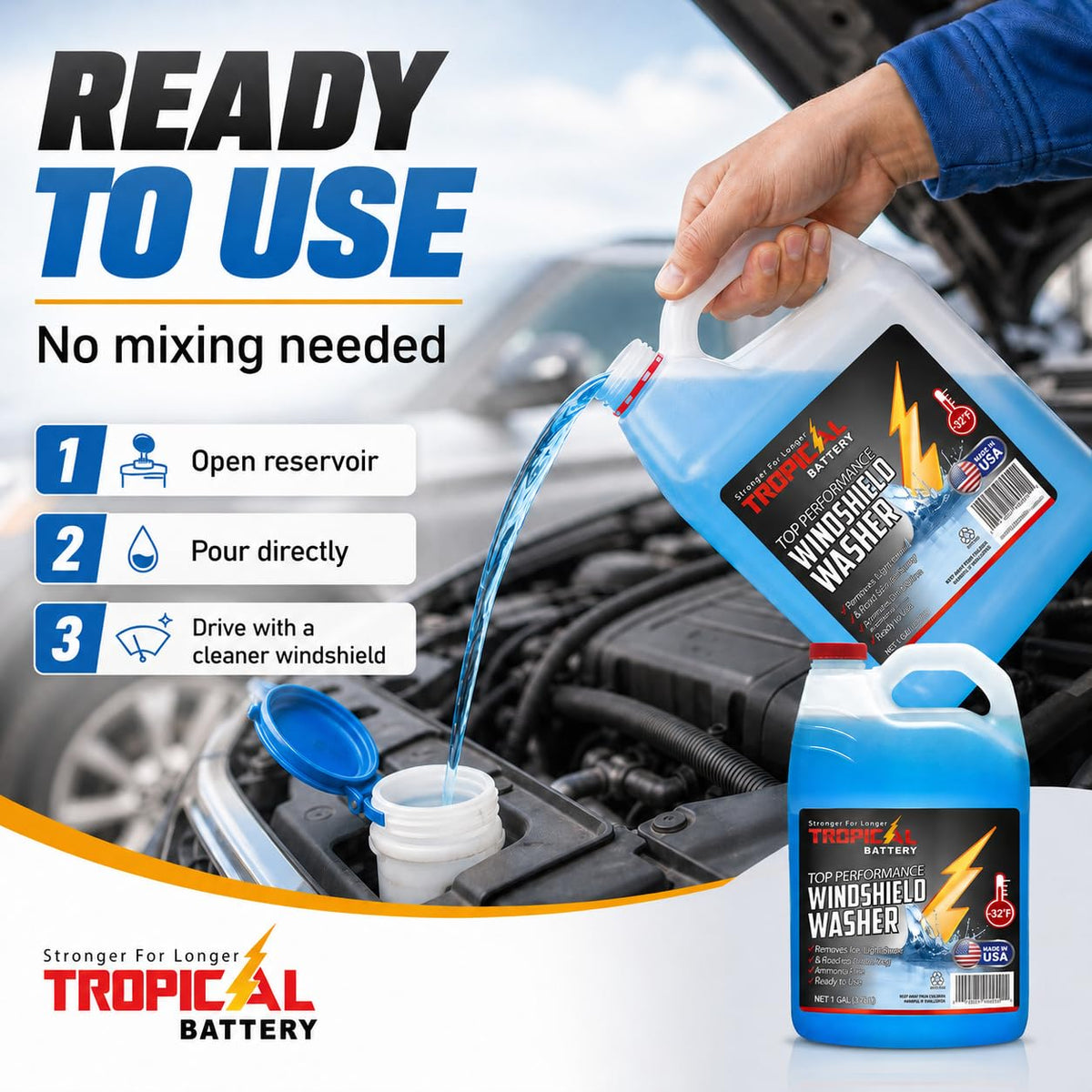 Tropical Battery gallon beside hand for size comparison and easy handling