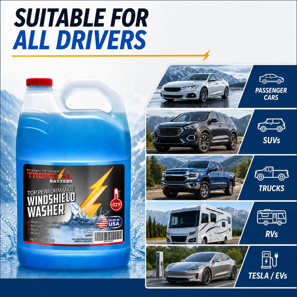 Tropical Battery cleaned windshield after spray with streak-free visibility