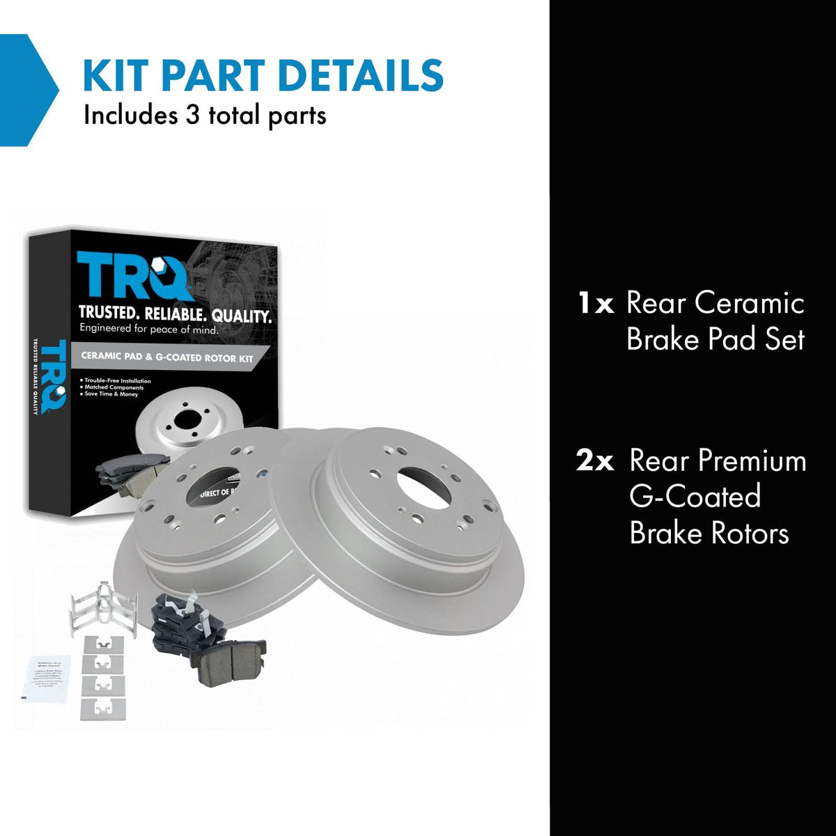 TRQ ceramic brake pad close-up highlighting low-dust friction advantage