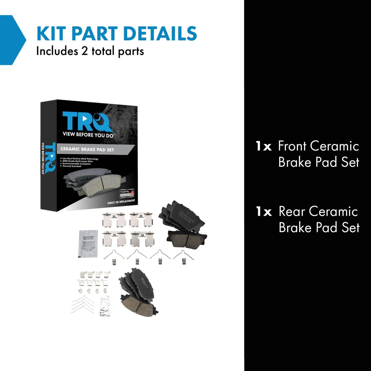 TRQ ceramic front pad close-up highlighting low-dust friction surface benefit