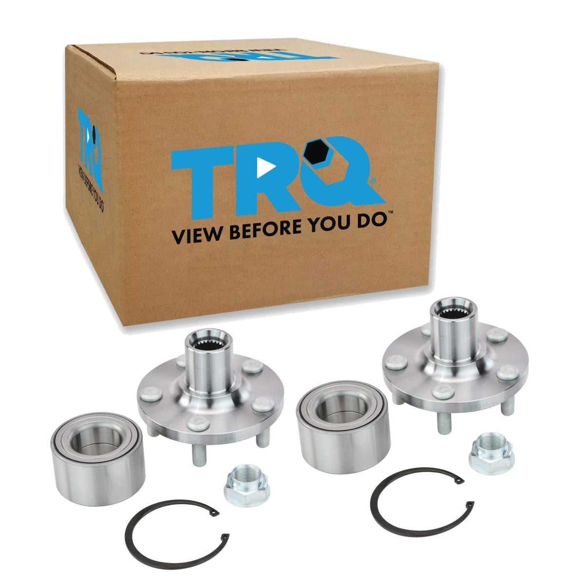 TRQ front hub packaging showing kit contents and benefit of organized parts