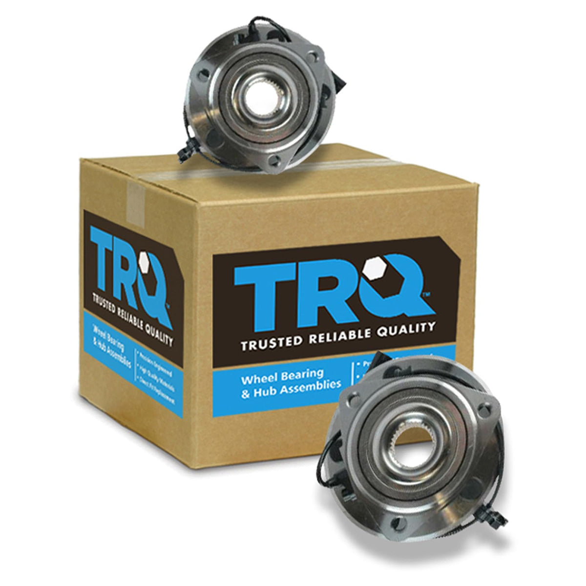 TRQ front hub assembly packaging showing both assemblies and fitment benefit