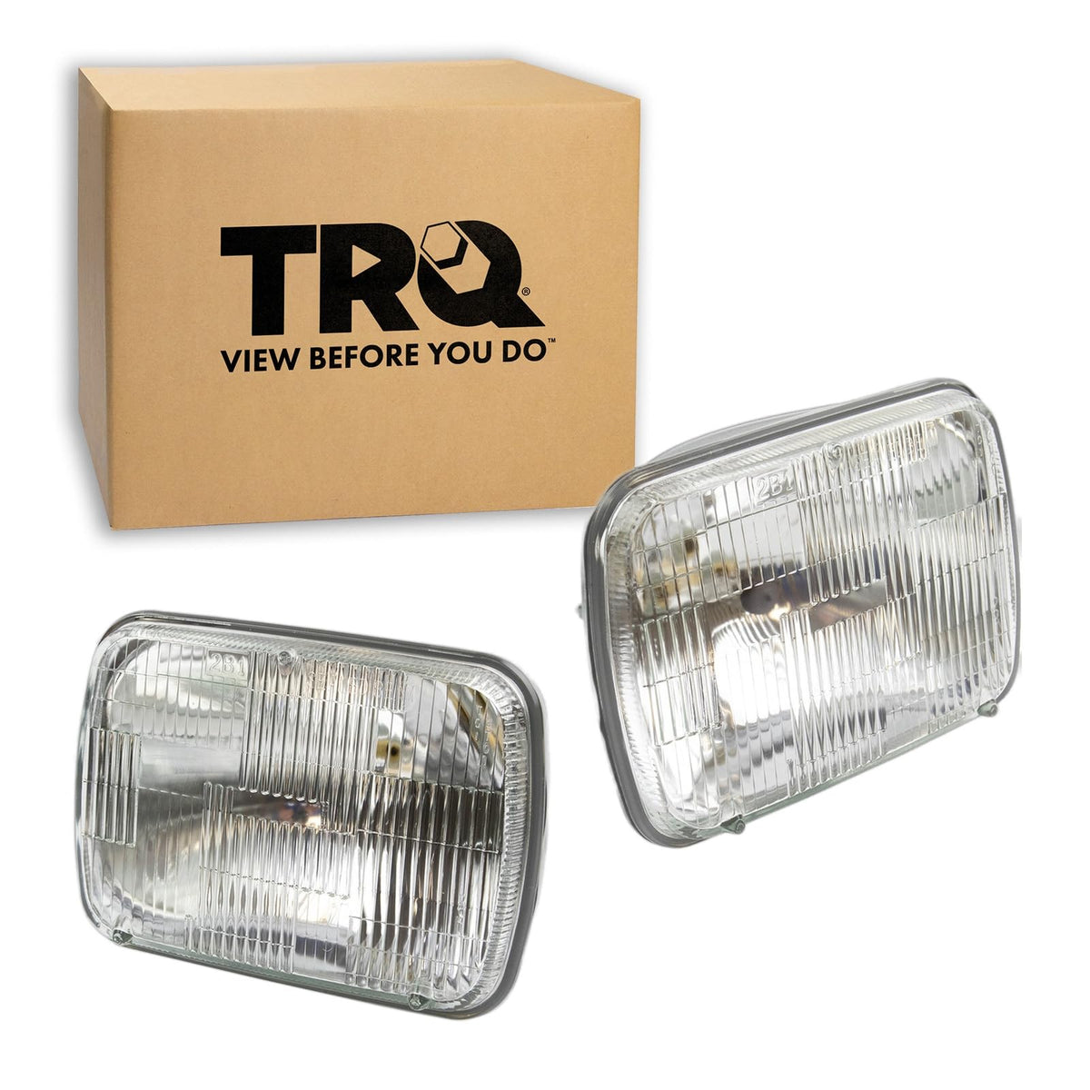 TRQ label and reference numbers on headlight indicating part cross-reference for accurate match