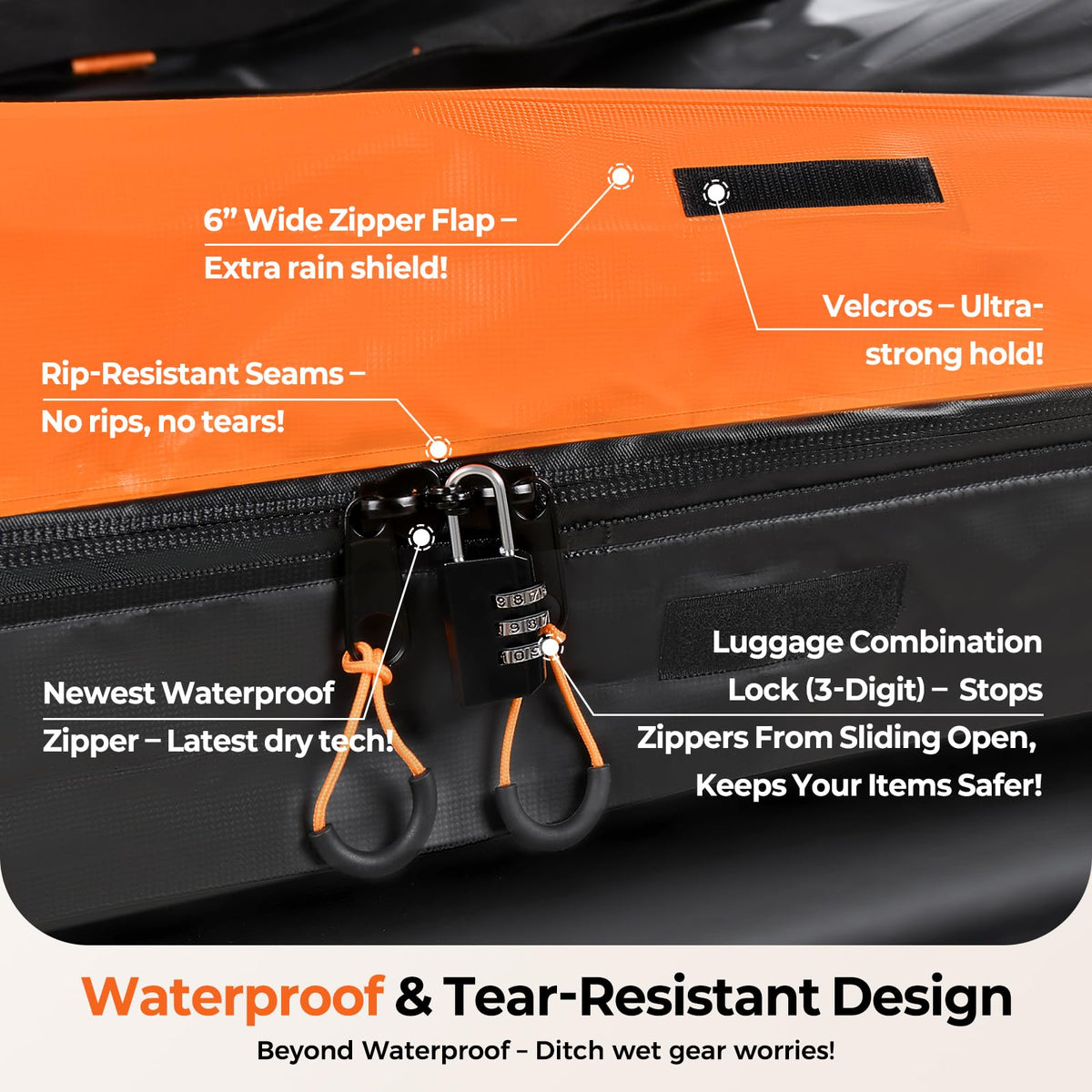 Truckiipa sealed dual zipper and extended rain flap detail for reliable water protection