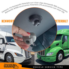 Truckingmann visor clip installed in a Kenworth cab showing secure visor fit and reduced rattles