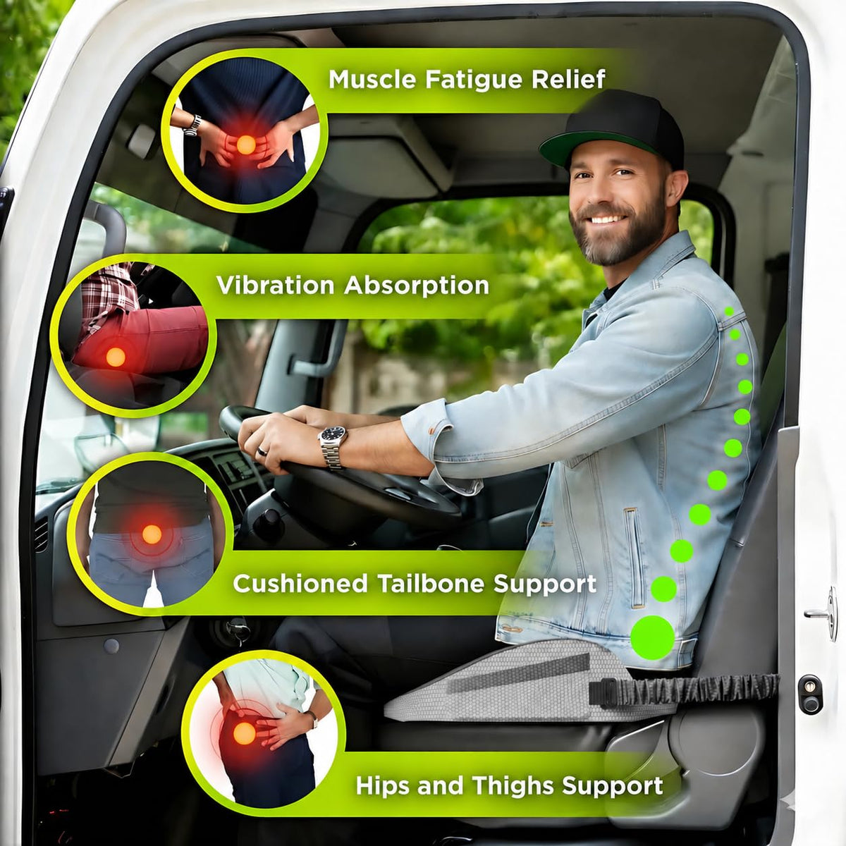 Truckules cushion installed in big rig seat demonstrating all‑day driving comfort