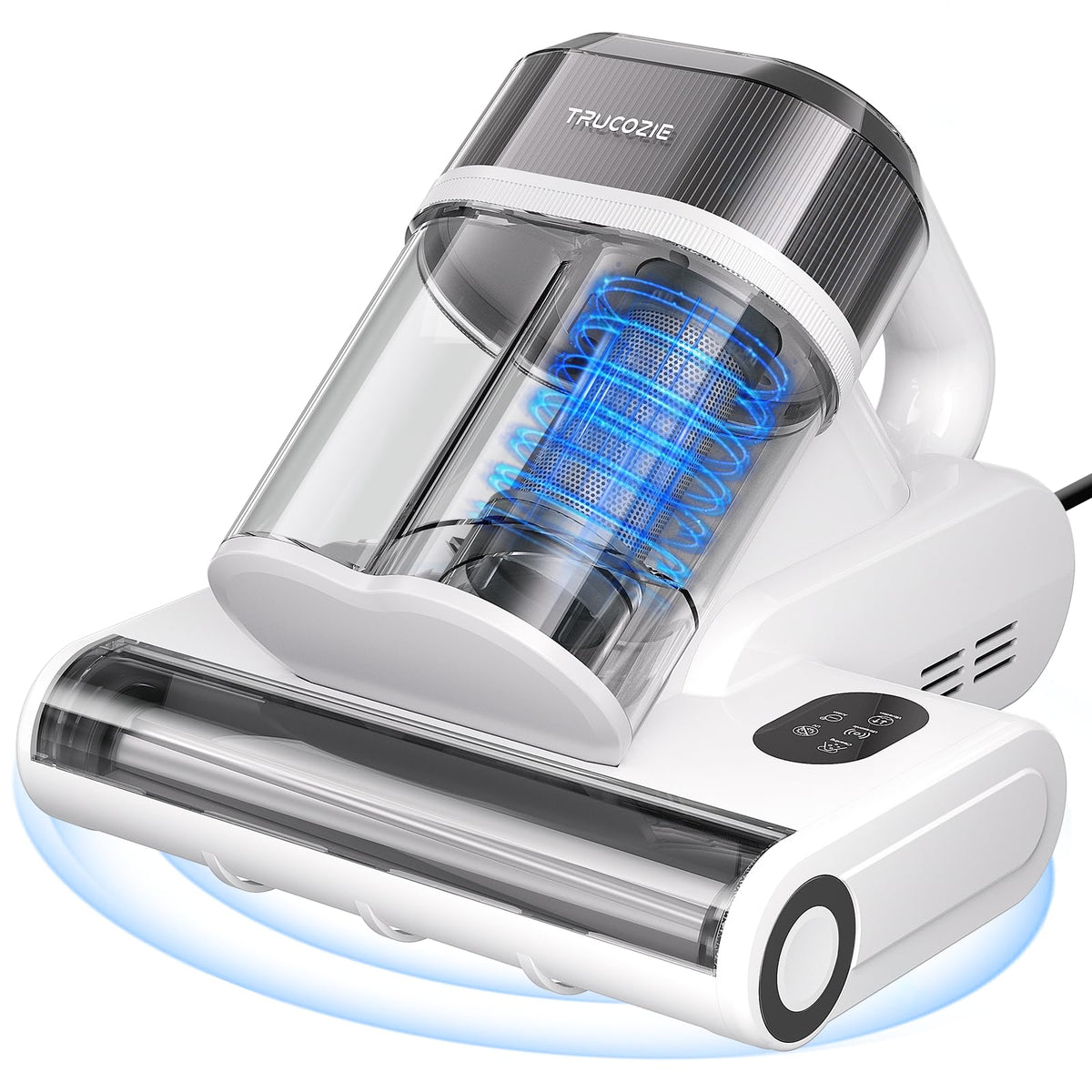 Trucozie front view on mattress showing compact design and cleaning benefit