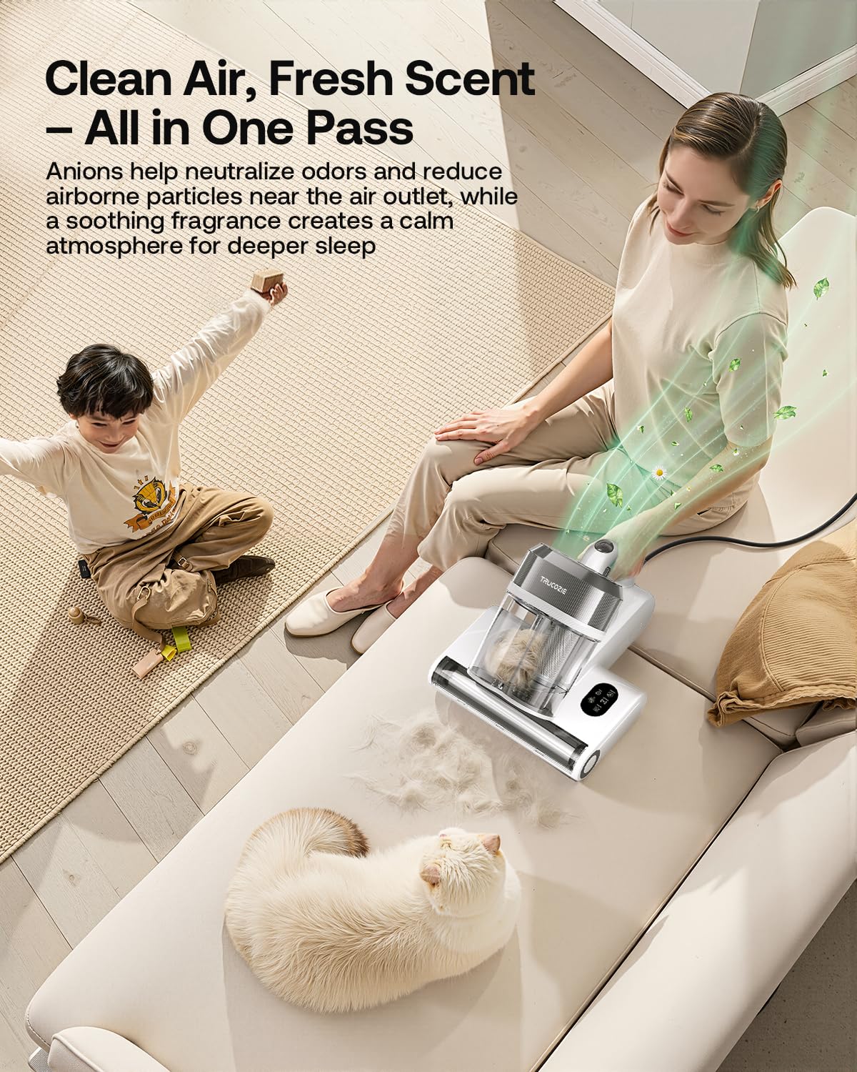 Trucozie in use on sofa removing pet hair for visibly cleaner upholstery