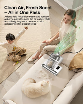 Trucozie in use on sofa removing pet hair for visibly cleaner upholstery