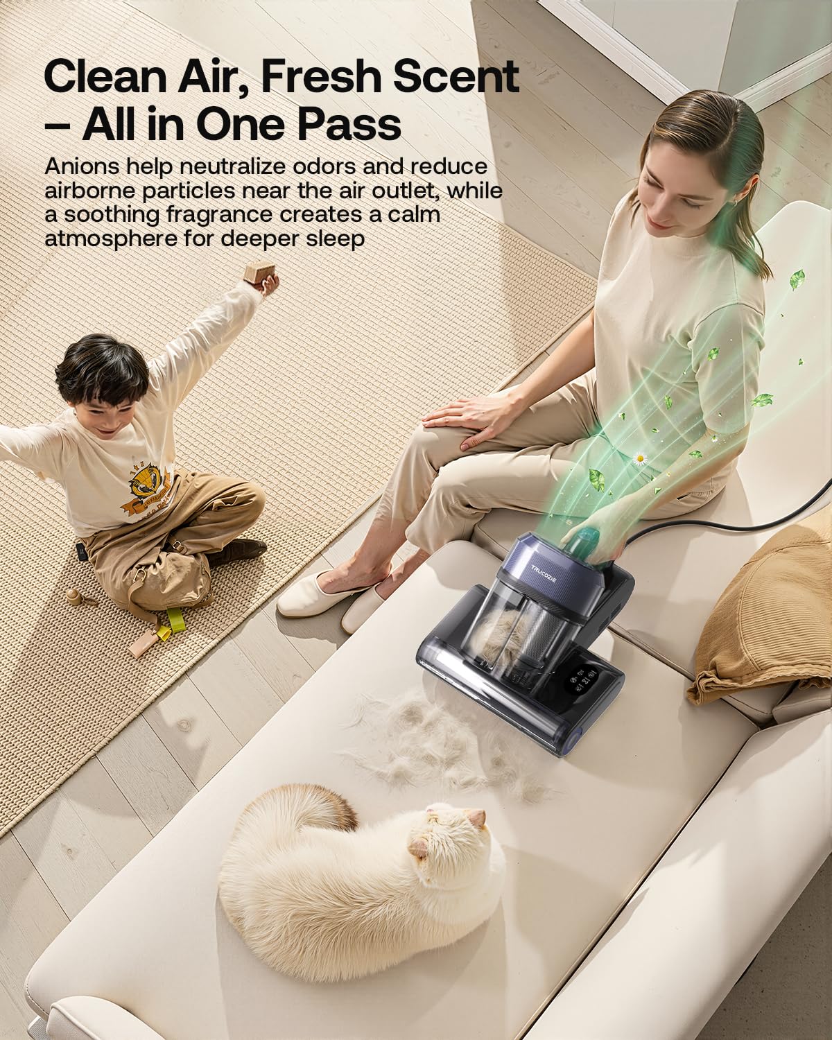 Trucozie tapping brush detail lifting pet hair and dander from fabric
