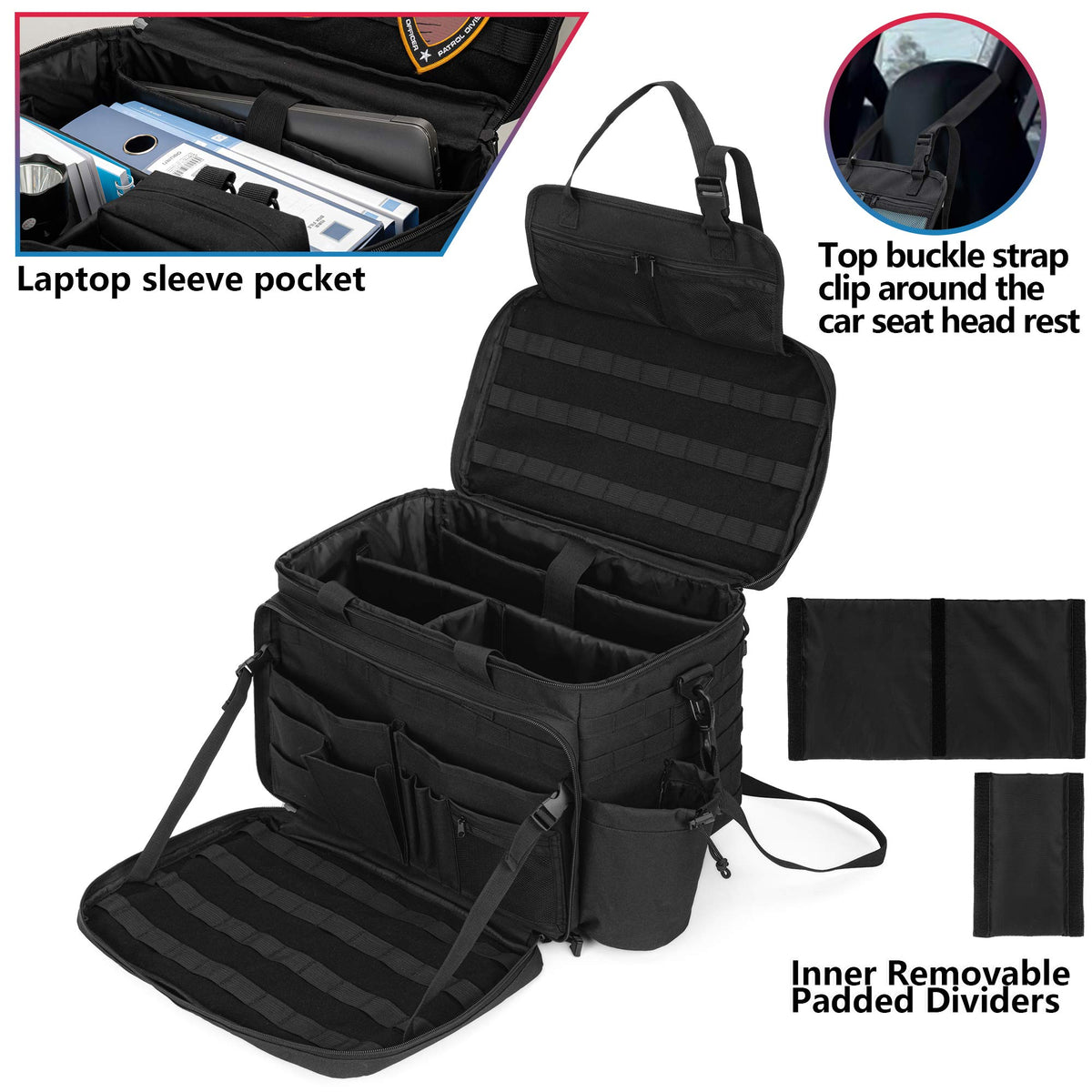 Trunab patrol bag opened flat on seat creating a paperwork work surface