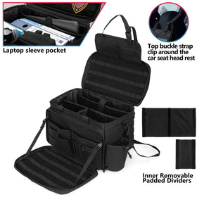 Trunab patrol bag opened flat on seat creating a paperwork work surface