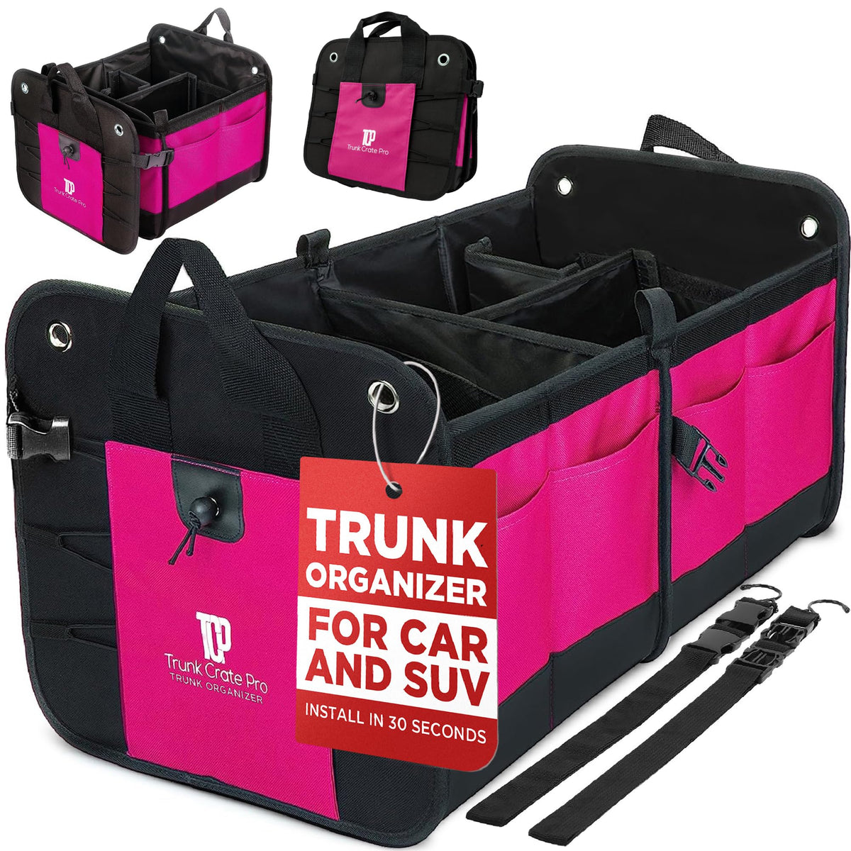 TRUNKCRATEPRO front view showing pink organizer and roomy compartments for tidy storage