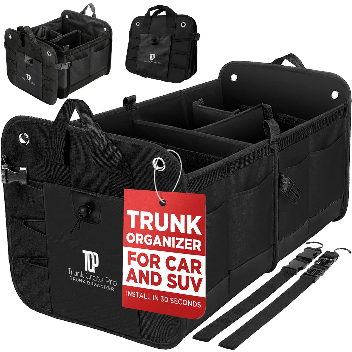 TRUNKCRATEPRO front view showing full black organizer and capacity benefit