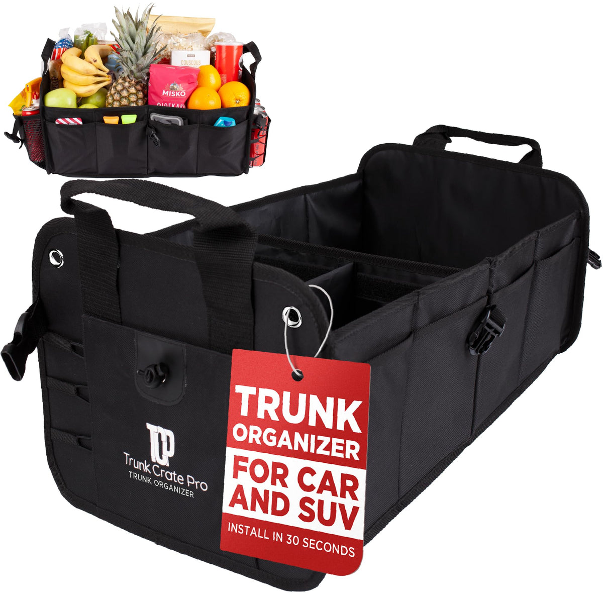 TRUNKCRATEPRO front view showing compact folded packaging and quick setup benefit