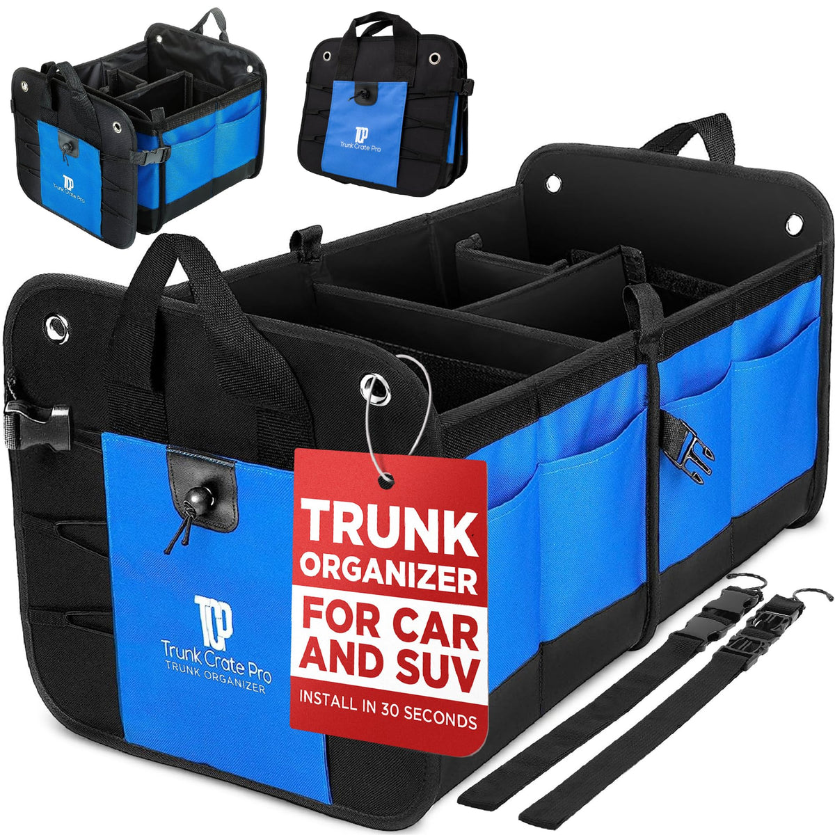 TRUNKCRATEPRO front view showing large blue organizer and capacity benefit